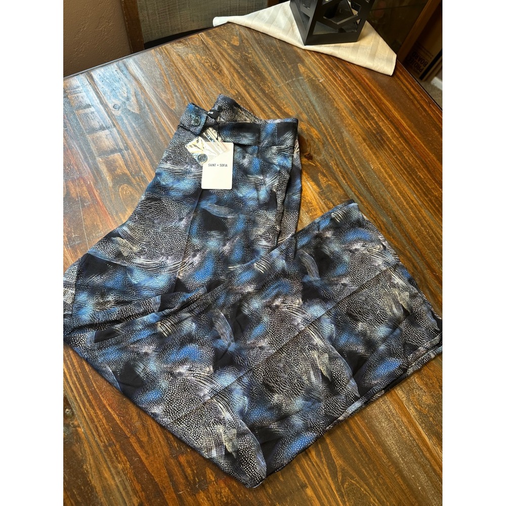 Saint + Sofia Carson Pant Blue Skyfall Abstract Wide Leg Trousers USA 10 NWT